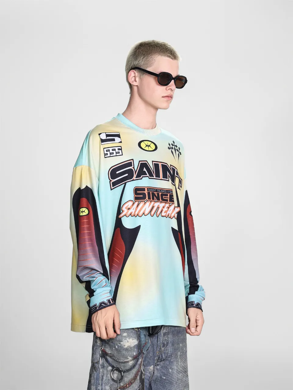 Saint michael tears all-over printed long-sleeved vintage autumn and winter T-shirt Style number: 117 Size: M L XL Wholesale price: 136 Color: blue yellow